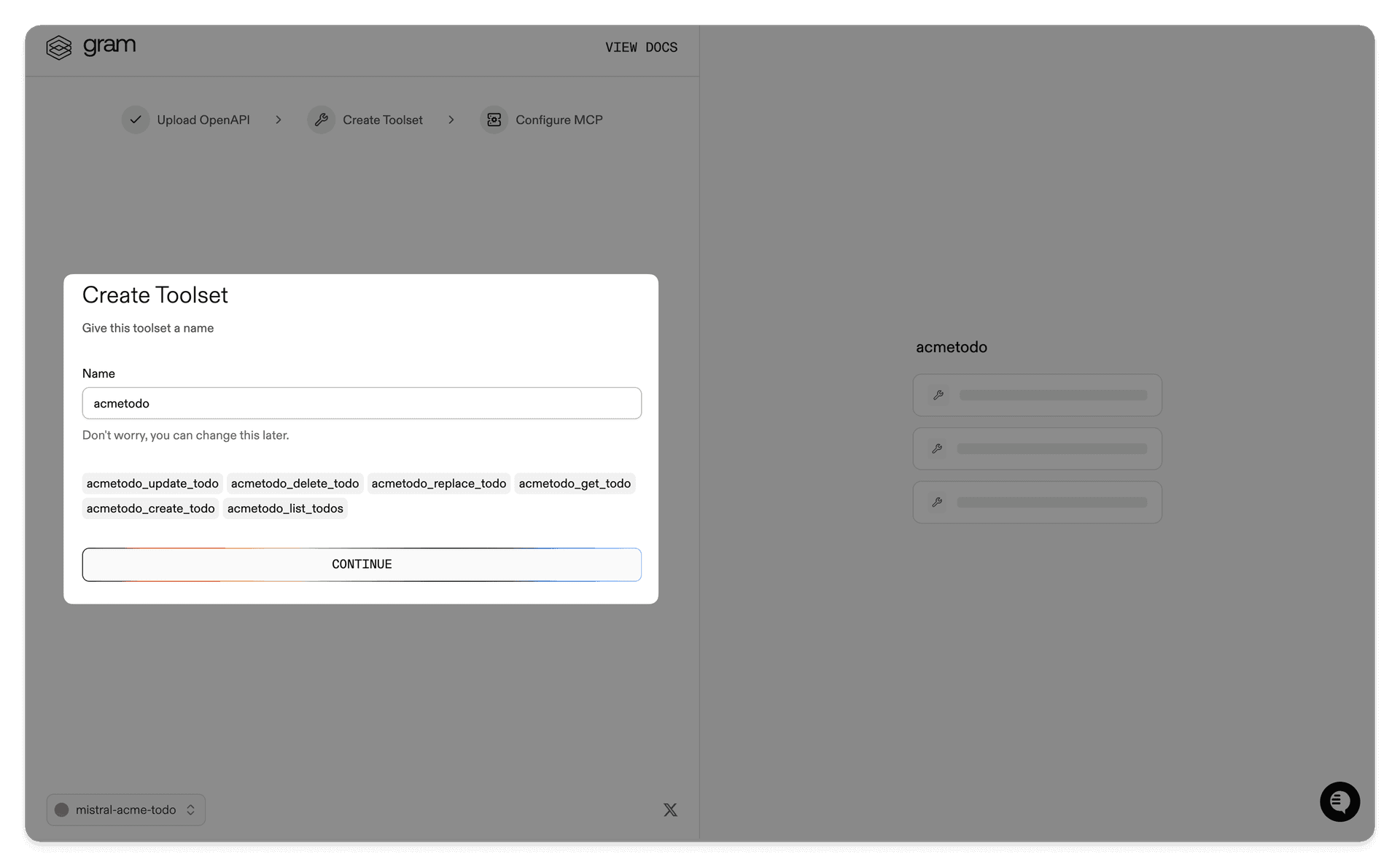 Screenshot of the create toolset dialog