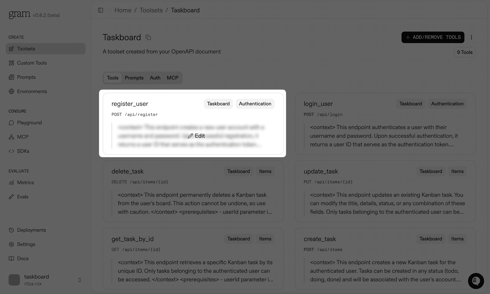 Editing a tool description