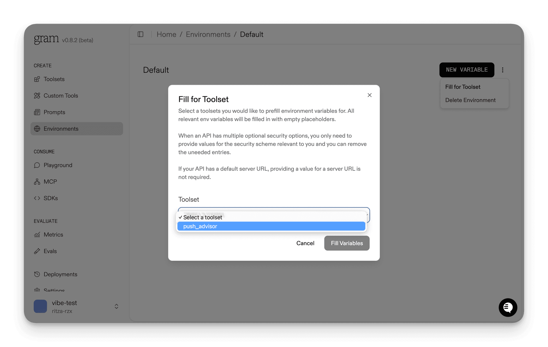 Screenshot showing the fill for toolset dialog to automatically populate required variables