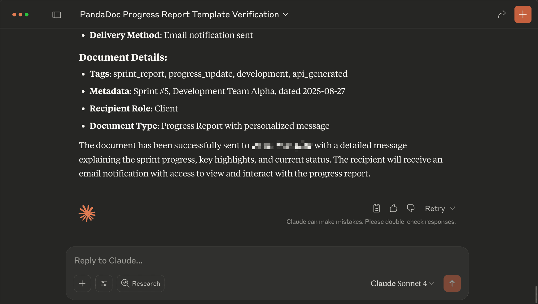 Screenshot of Claude Desktop UI showing the report has been successfully generated and emailed