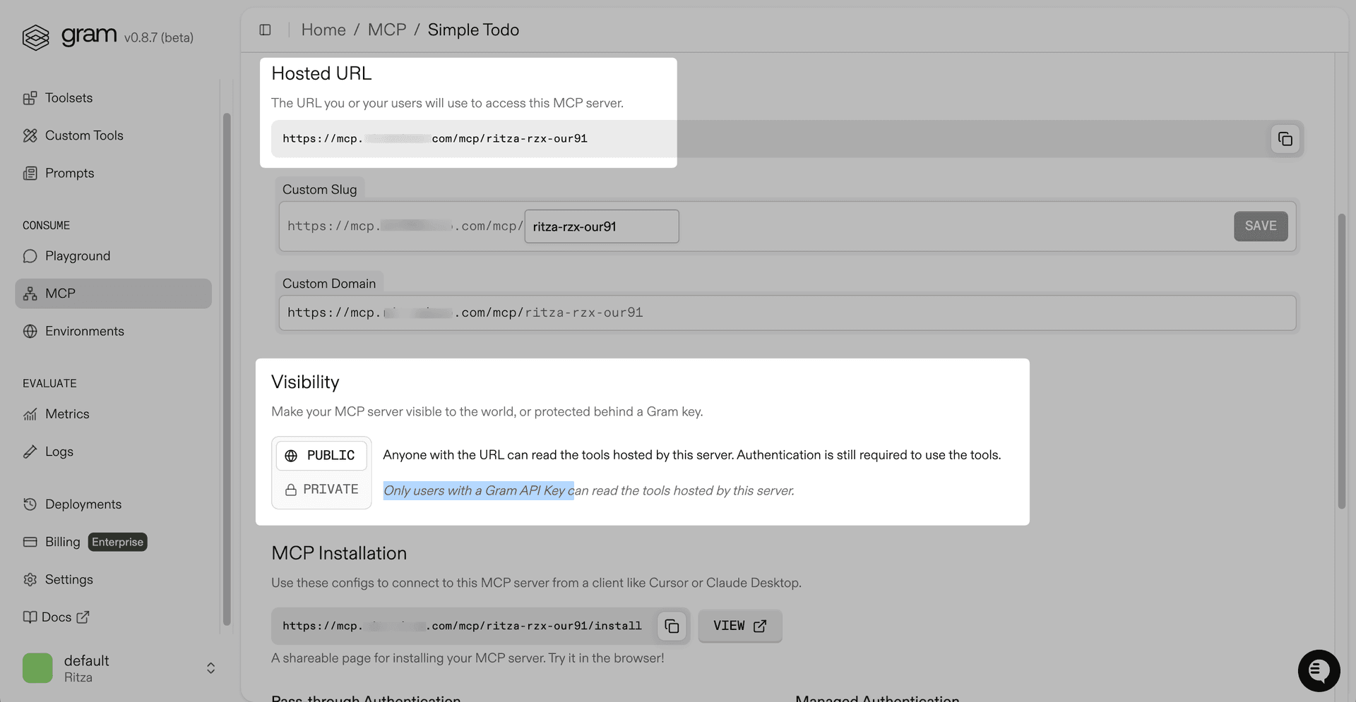 GramMCP server details page