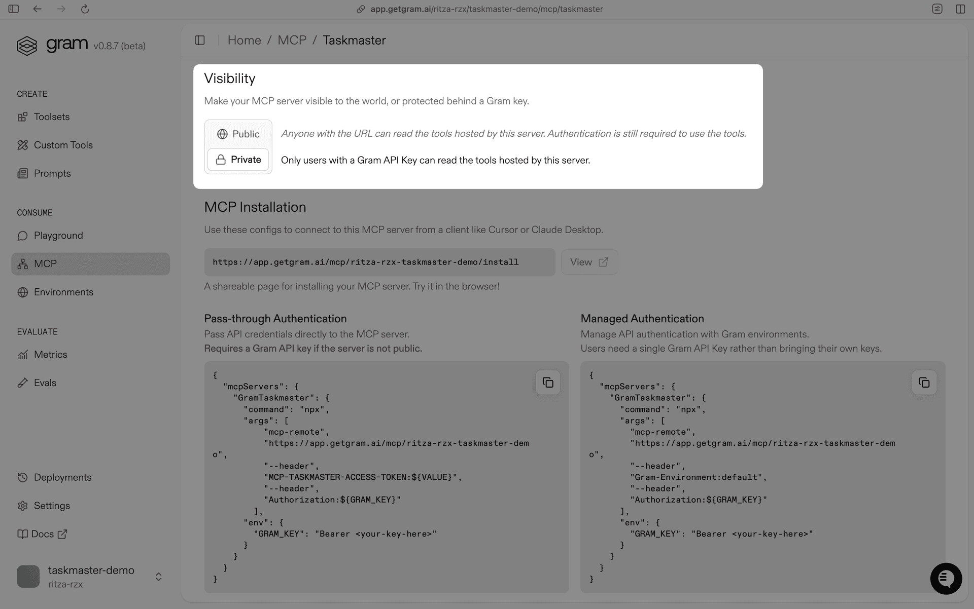 Screenshot of the MCP details page