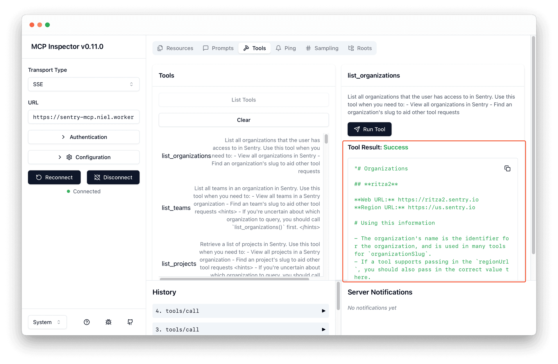 MCP Inspector web interface showing the Tool Result panel after running the list organizations tool. The right panel displays a white background with a green Success status and a code block containing: Organizations, the organization name, Web URL https://url.sentry.io, Region URL https://us.sentry.io, and guidance that the organization name is used as an identifier and regionUrl should be passed if supported. The interface is clean and modern with a light background, presenting information in a professional and informative manner to help users confirm MCP server access to Sentry organizations.