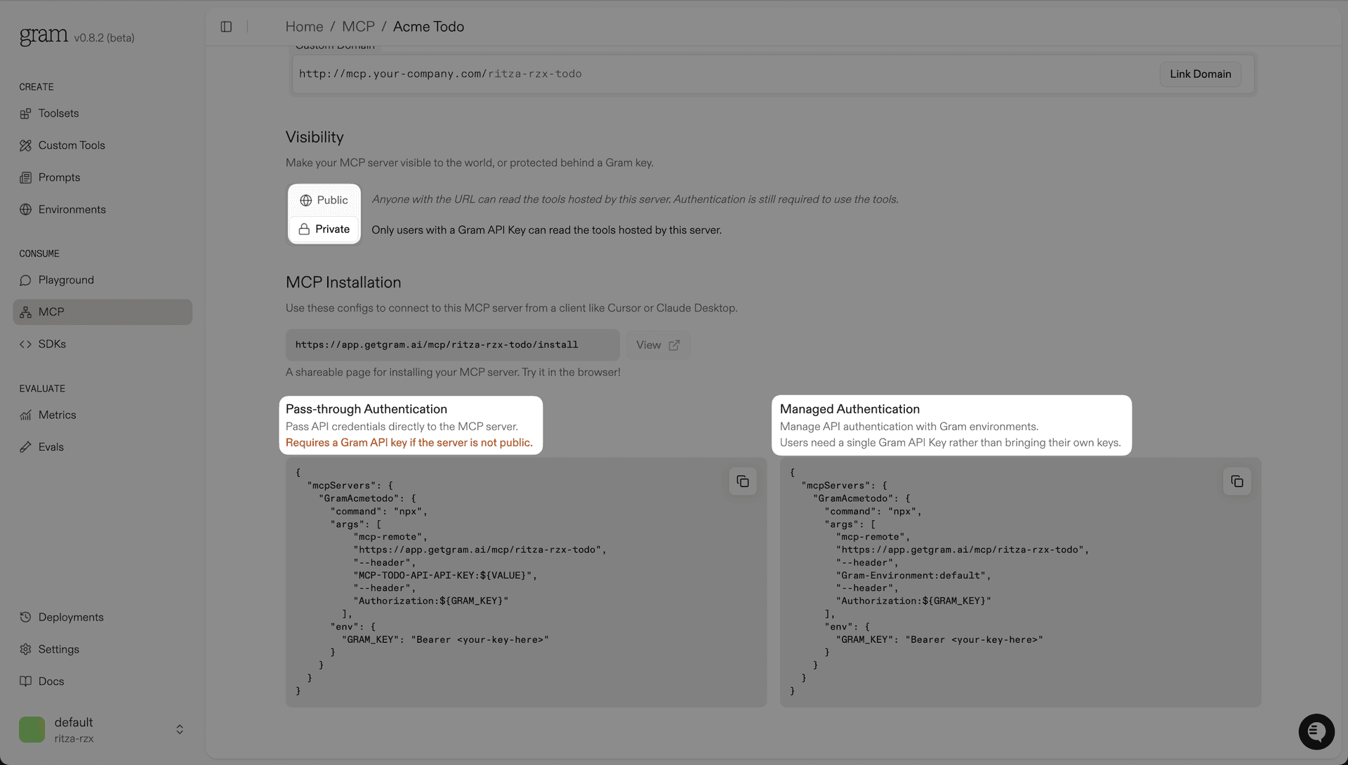Four MCP server configuration options showing combinations of public/private and passthrough/managed authentication