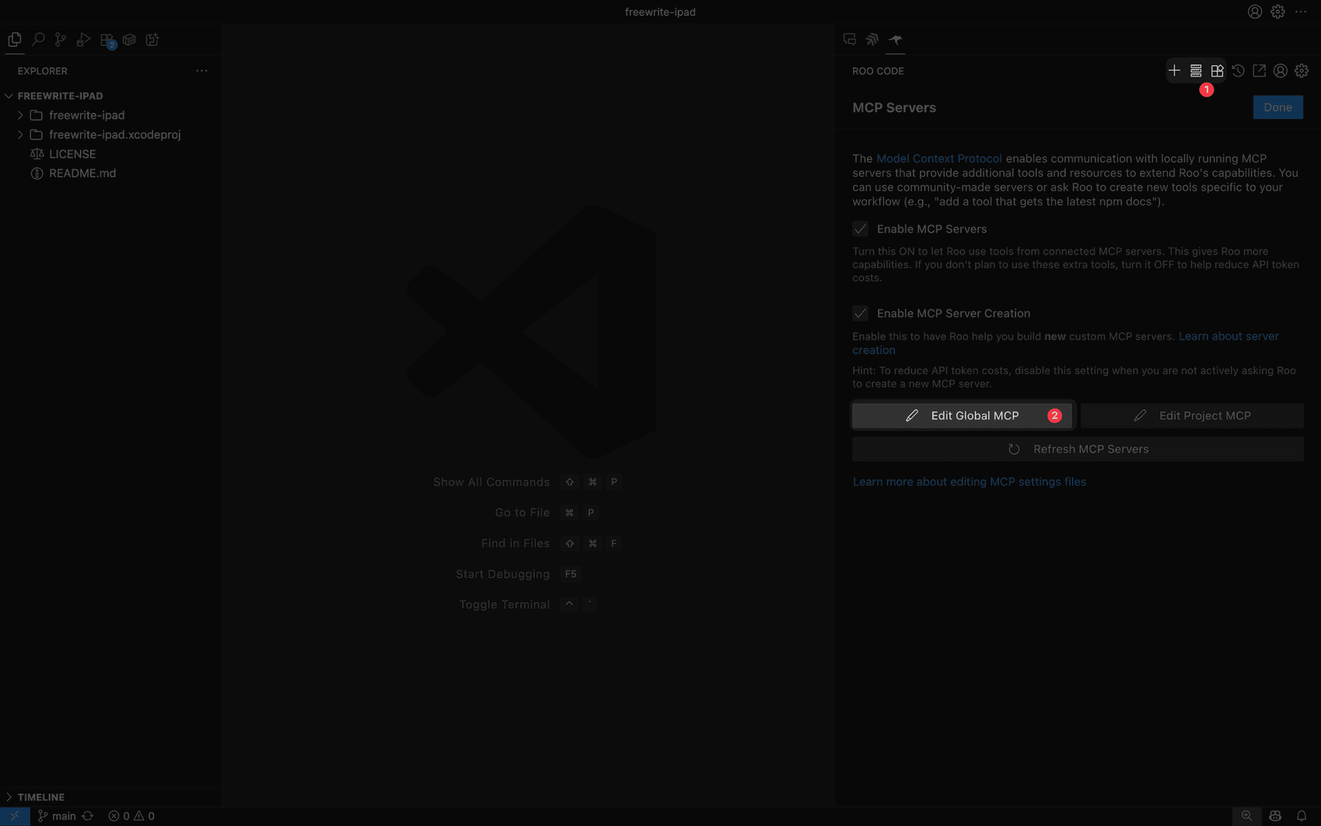 Screenshot showing the Roo Code Edit Global MCP button
