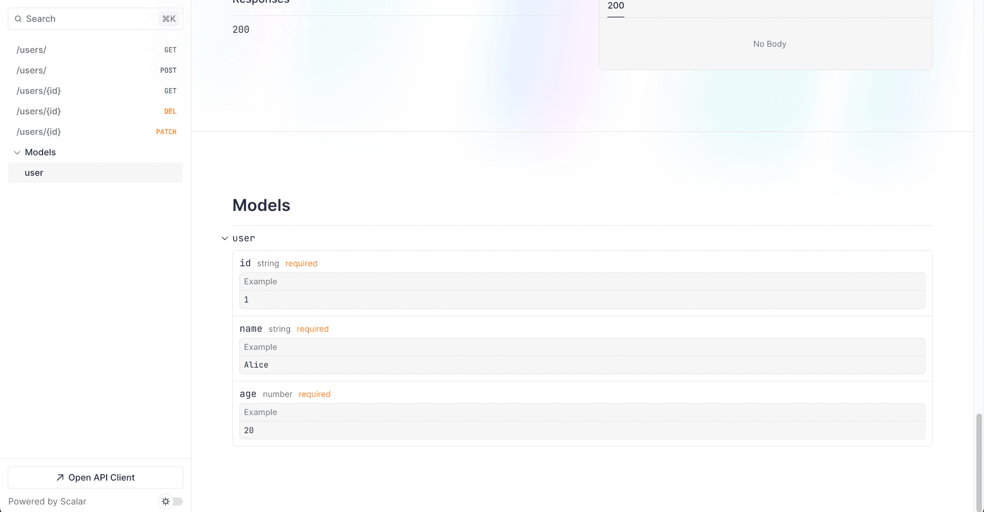 Example values in user model