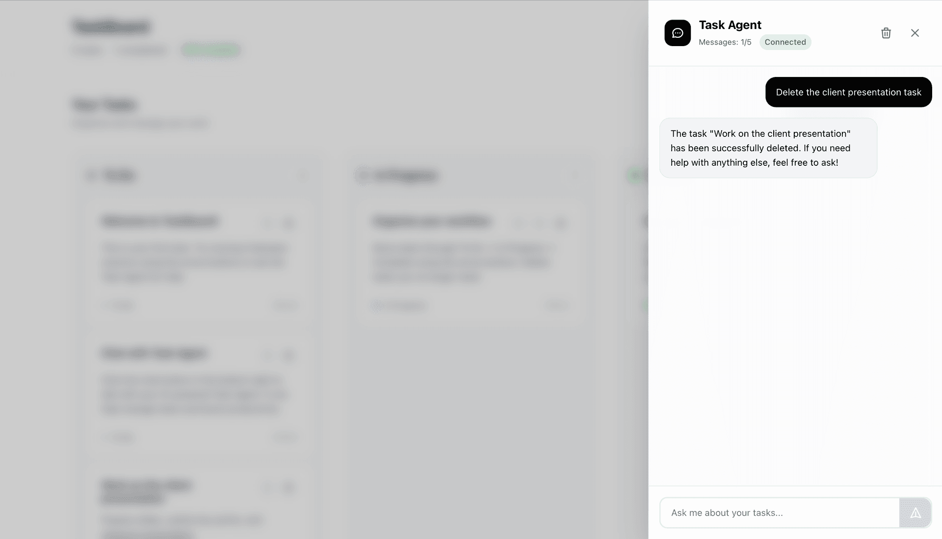 Screenshot of TaskBoard chat interface showing user message requesting task deletion and AI agent's response