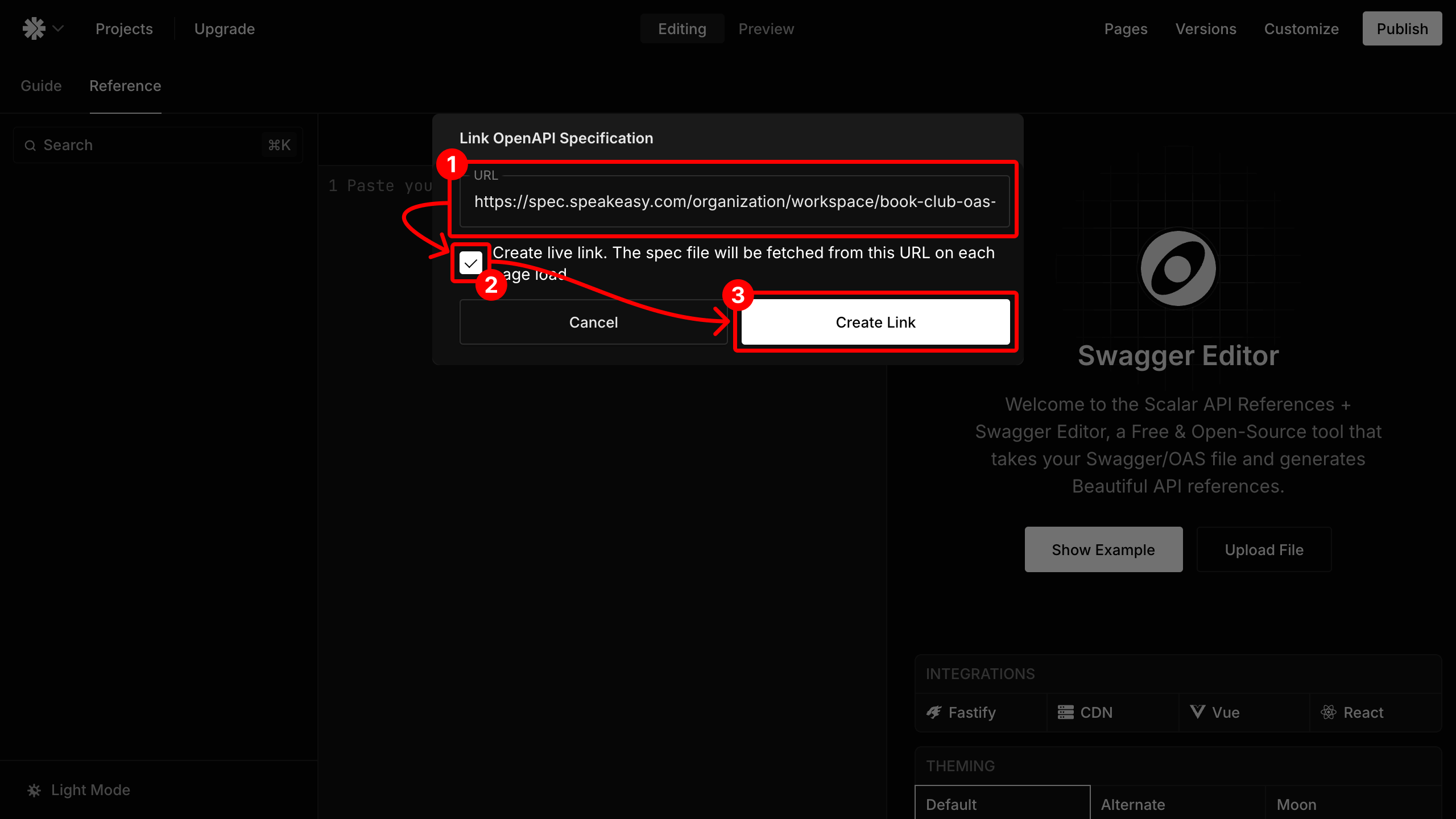 Screenshot of the Scalar page where the public URL from Speakeasy is added