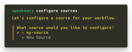 Screenshot of the terminal after running speakeasy configure sources.
