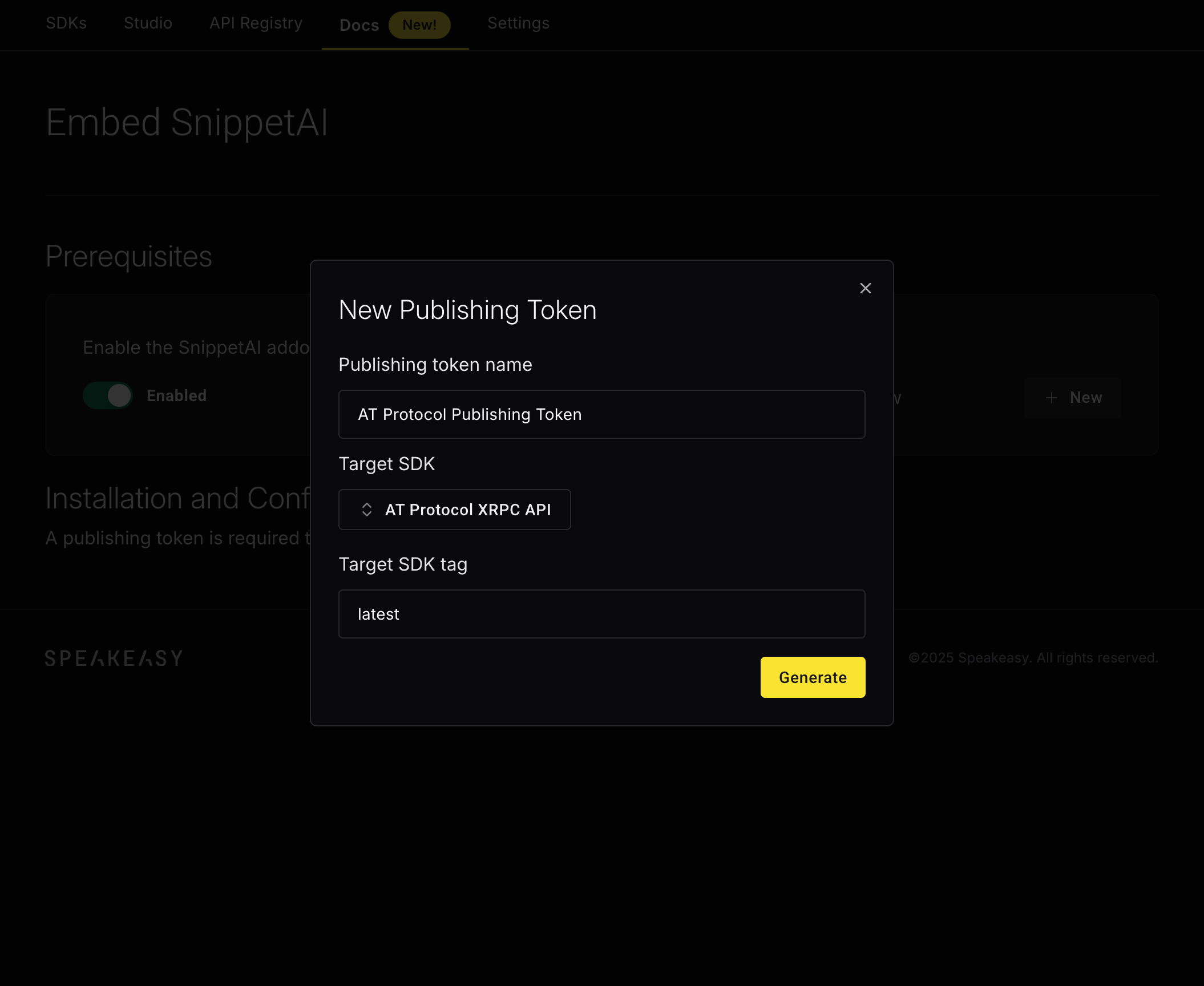 Screenshot showing the SnippetAI publishing token dialog
